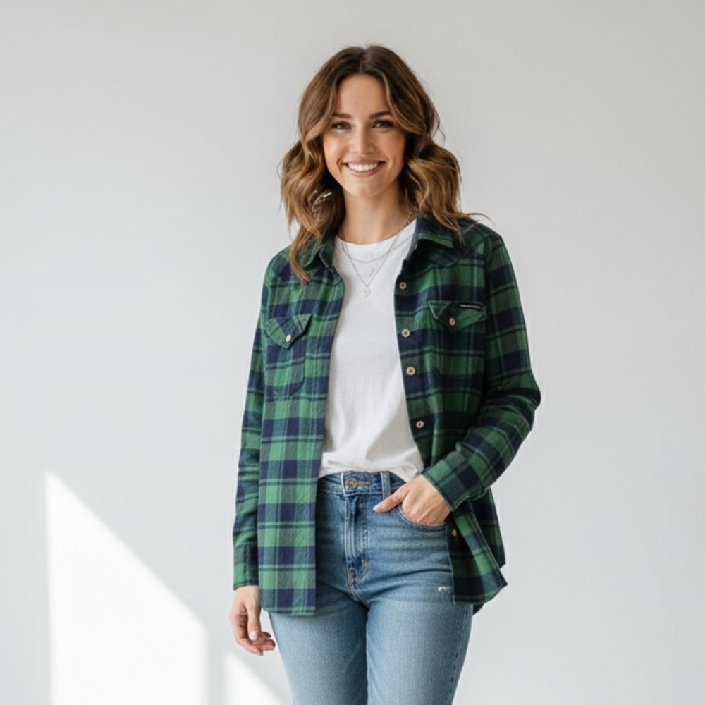 Moose Knuckles Sz XS Sample Green Blue Plaid Flannel Button Down Shirt